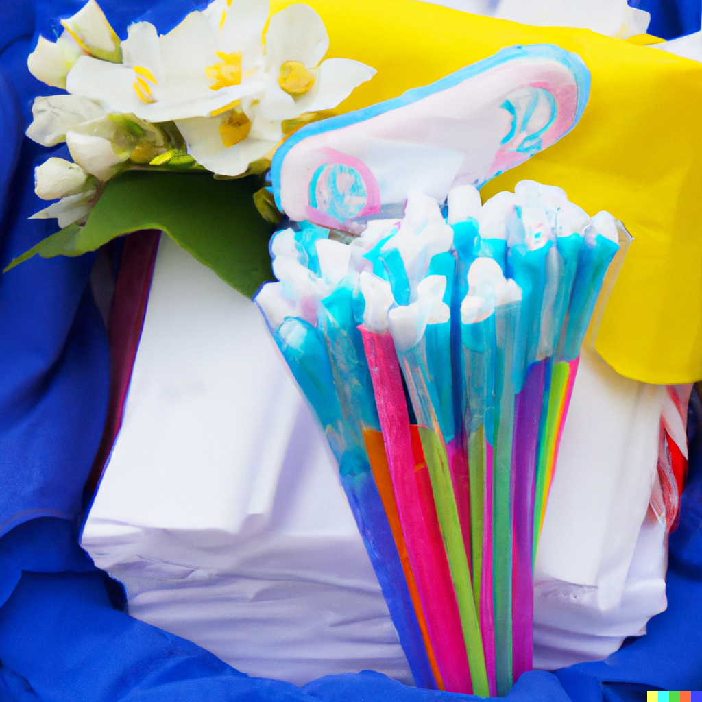 DAL-E2 generated picture showing tampons sanitary towels baby clothes blankets and Ukranian flags