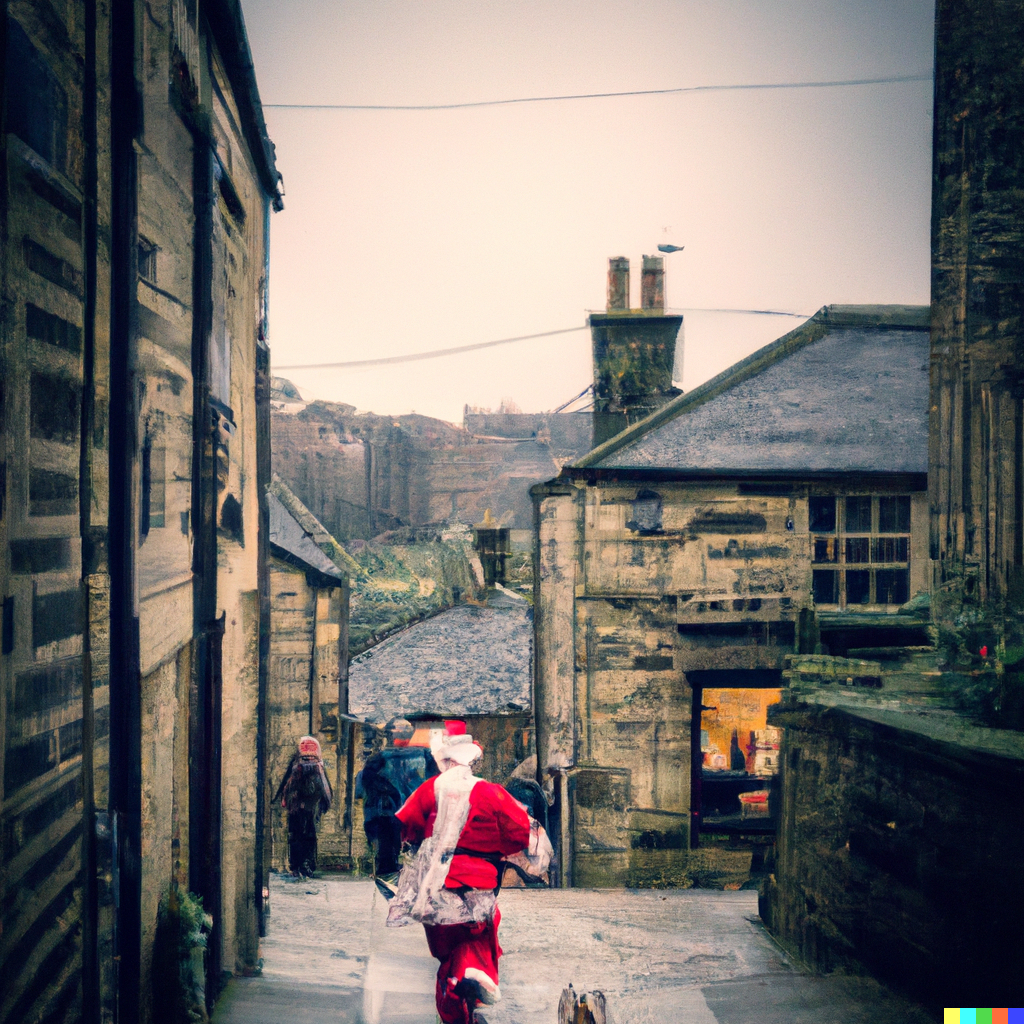 A picture of Santa running down Main Street in Haworth created by Rotary in Haworth and the Worth Valley using DALL-E2